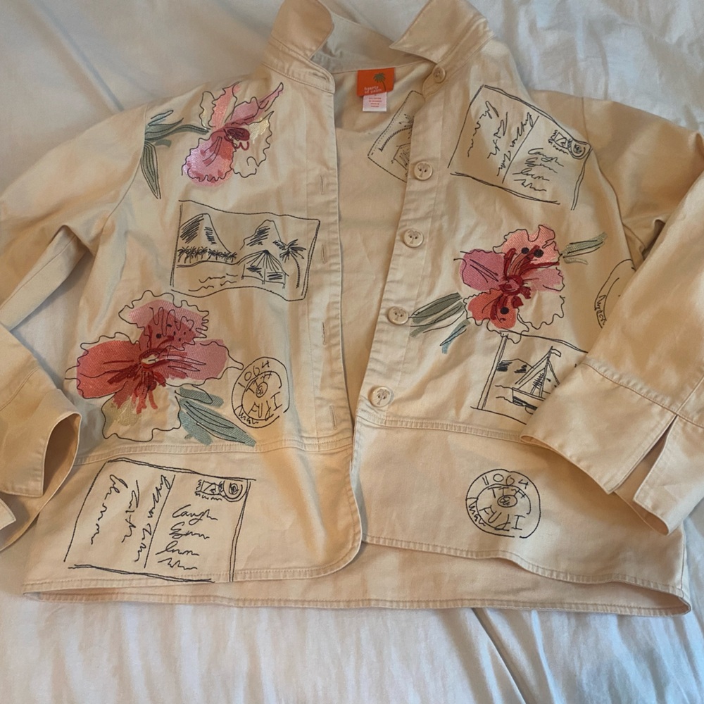 Hearts of Palm Cream Jacket with Floral and Postcard Design